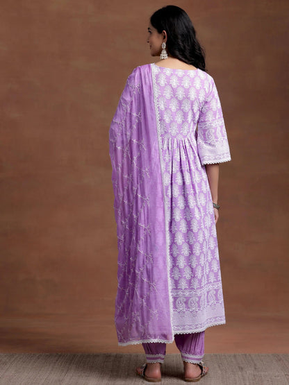 Libas Purple Embroidered Cotton A-Line Kurta With Salwar & Dupatta