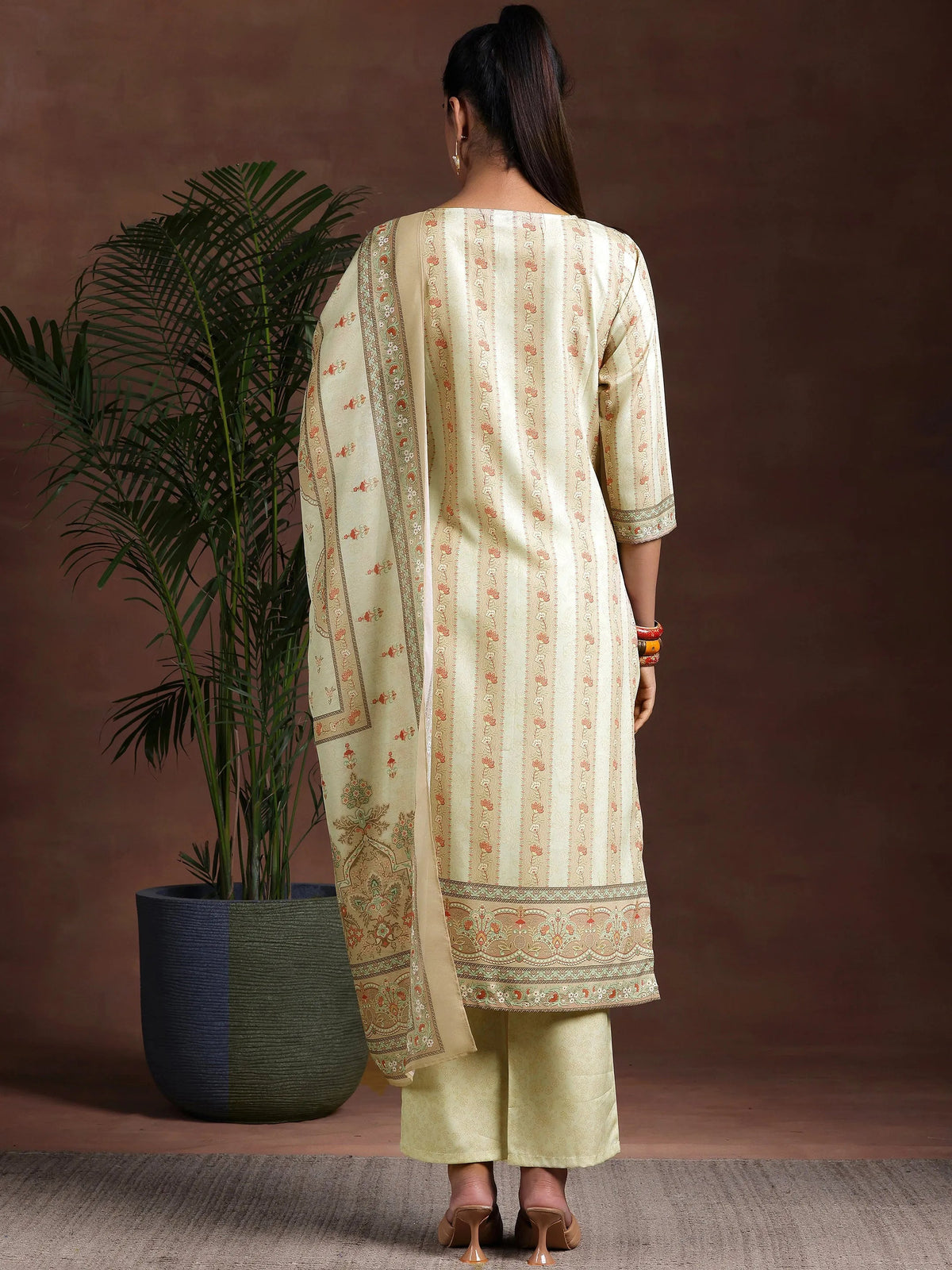 Libas Beige Printed Poly Crepe Straight Suit With Dupatta