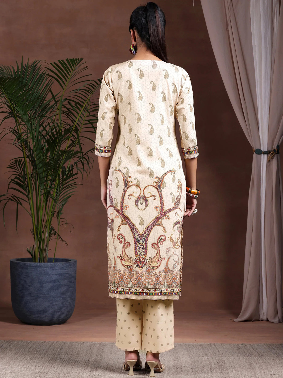 Libas Beige Printed Poly Crepe Straight Kurta Set