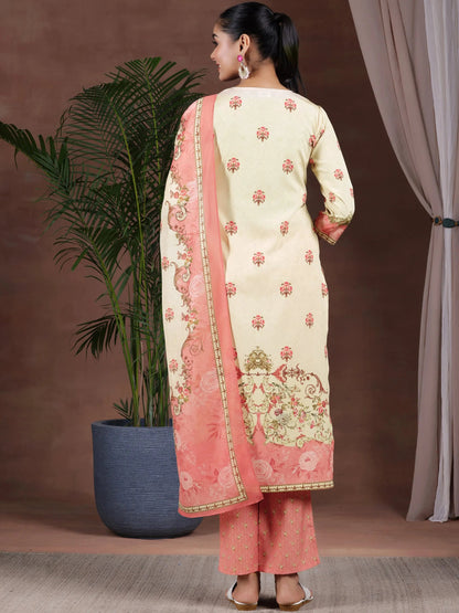 Gerua Beige Printed Poly Crepe Straight Suit With Dupatta