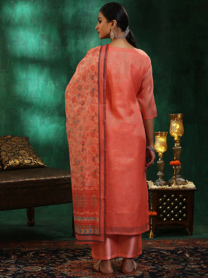 Libas Peach Yoke Design Silk Blend Straight Suit With Dupatta