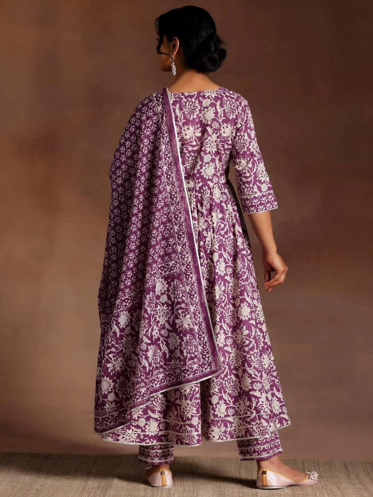 Libas Purple Printed Cotton Anarkali Suit With Dupatta