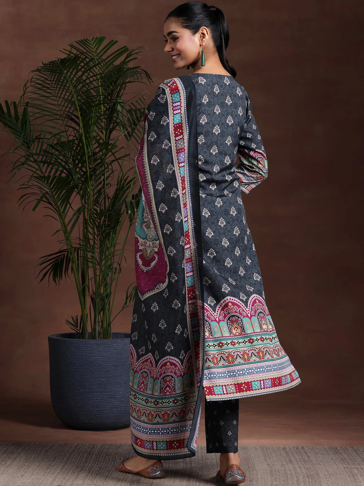 Libas Black Printed Poly Crepe Straight Suit With Dupatta