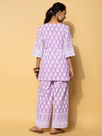 Libas Purple Self Design Cotton Co-Ords
