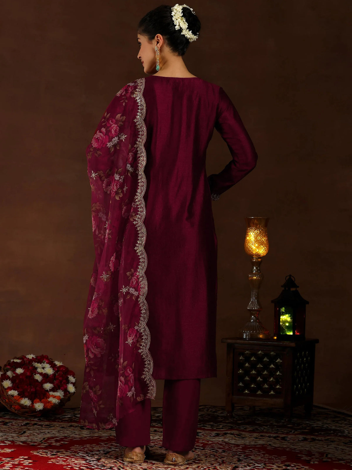 Libas Maroon Embroidered Silk Blend Straight Suit With Dupatta