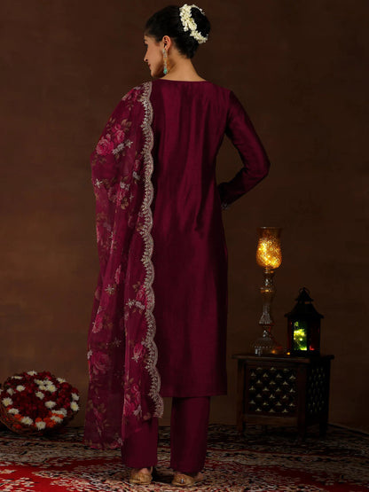Libas Maroon Embroidered Silk Blend Straight Suit With Dupatta