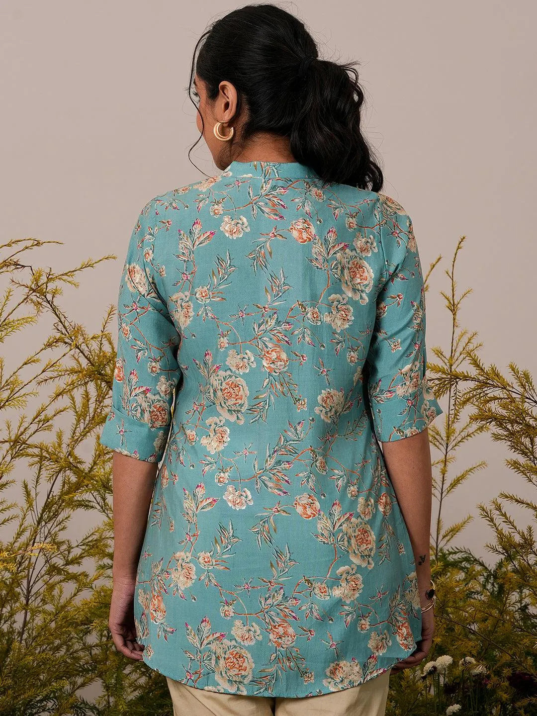 Libas Blue Printed Silk Blend A-Line Kurti