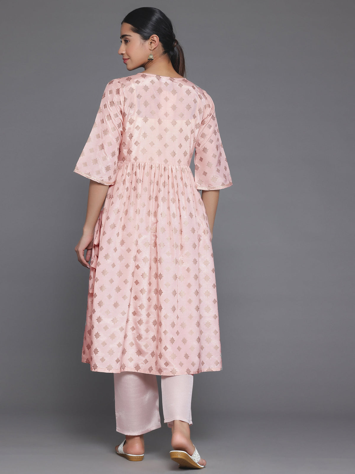 Libas Peach Printed Silk Blend A-Line Kurta With Trousers