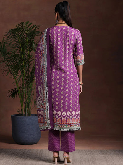 Libas Purple Printed Poly Crepe Straight Suit With Dupatta