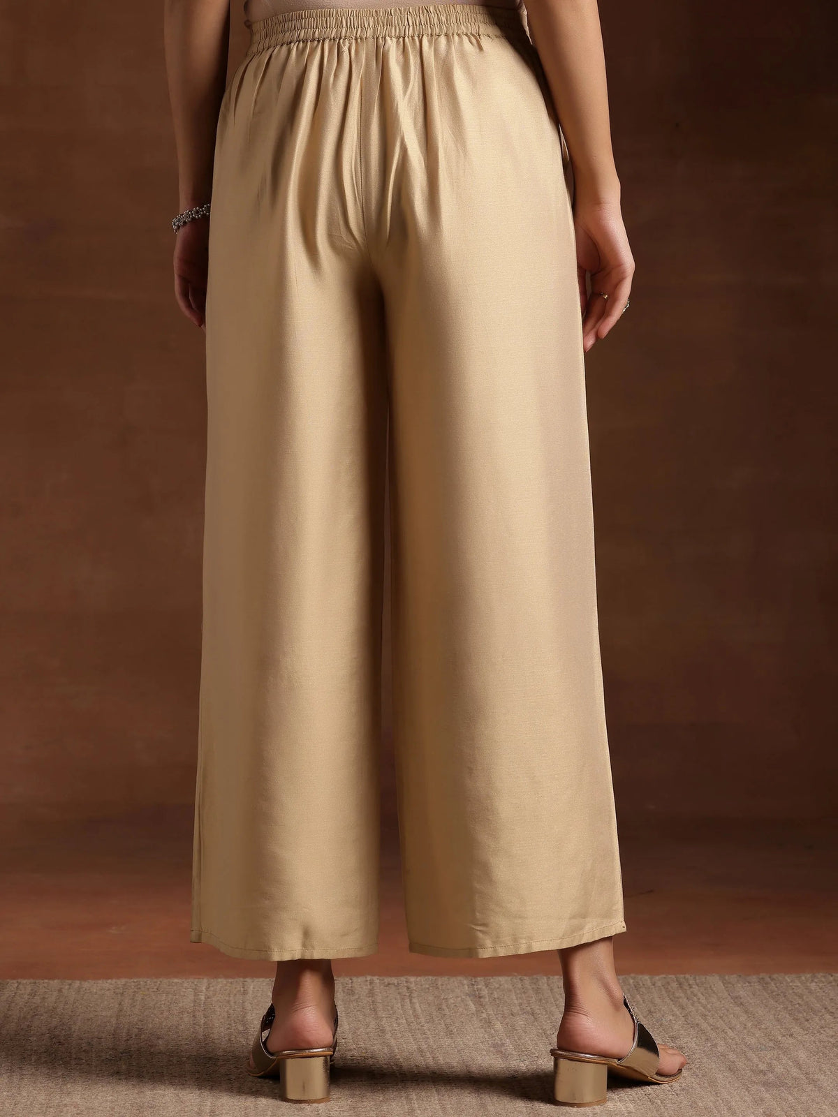 Libas Beige Solid Silk Palazzos
