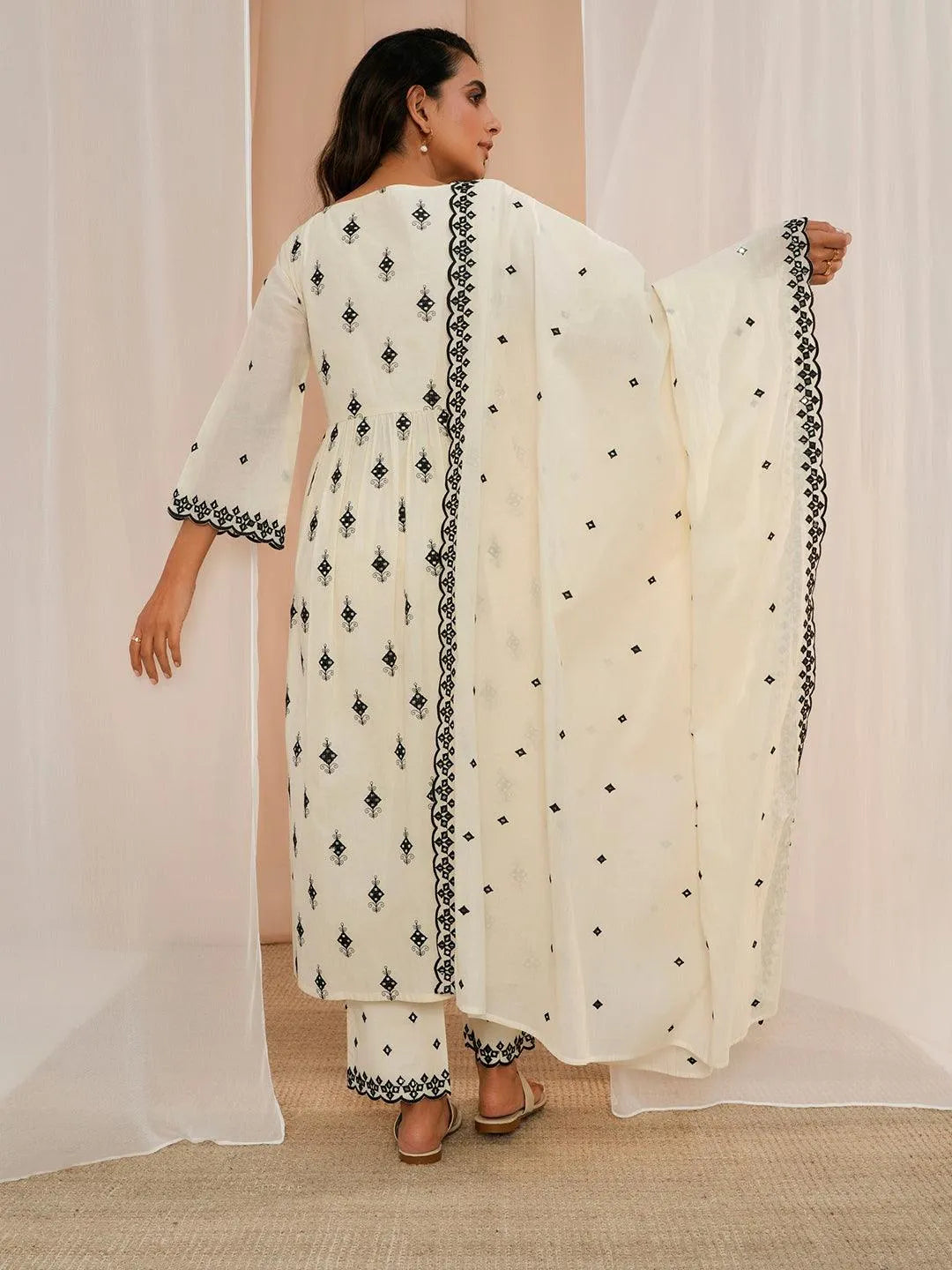Libas Off White Embroidered Cotton Anarkali Suit With Dupatta