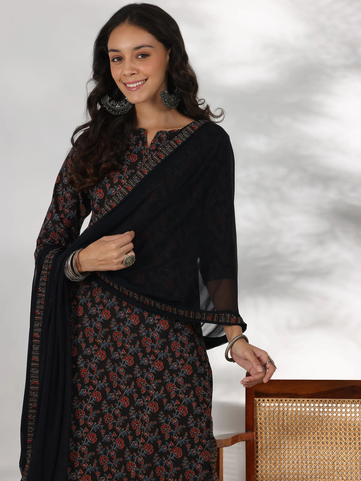 Libas Black Printed Cotton Straight Suit With Dupatta