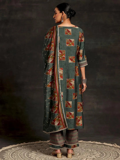 Gerua Green Printed Silk Blend Straight Suit With Dupatta