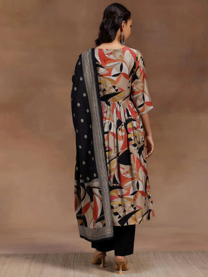 Libas Black Printed Silk Blend A-Line Kurta With Trousers & Dupatta