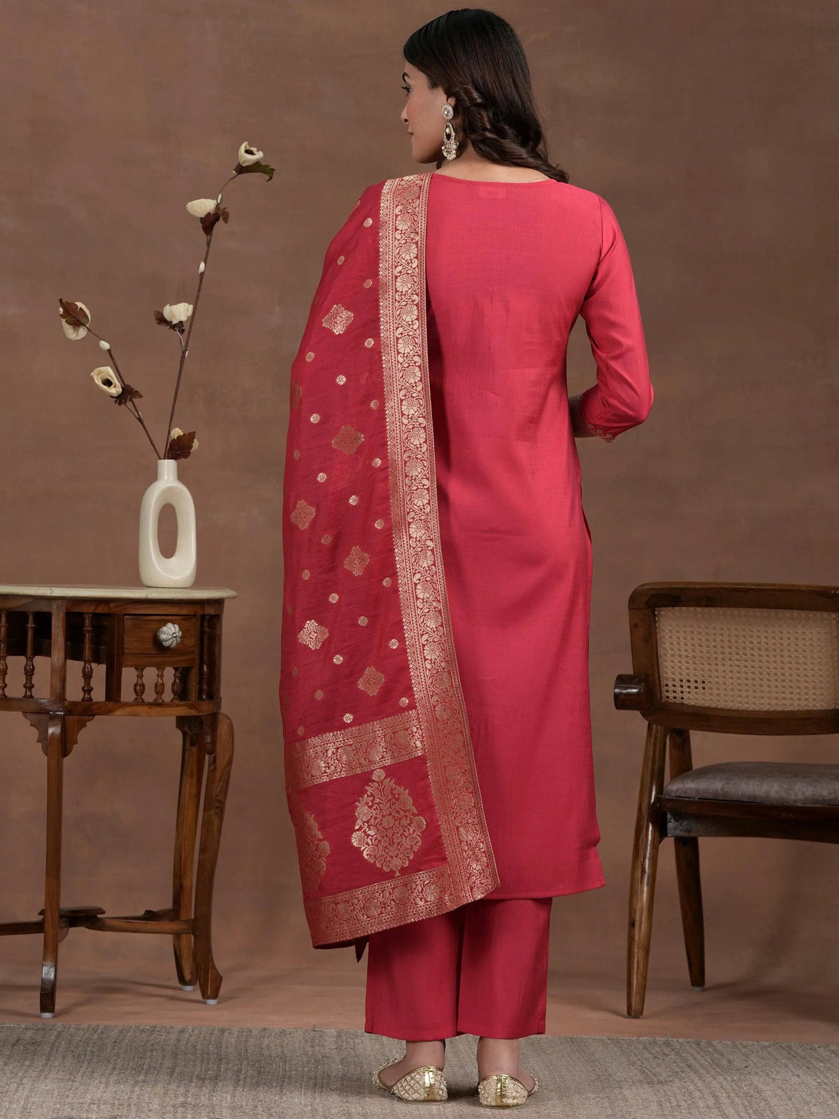 Libas Pink Yoke Design Silk Blend Straight Suit With Dupatta