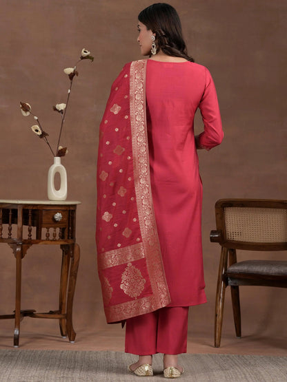 Libas Pink Yoke Design Silk Blend Straight Suit With Dupatta