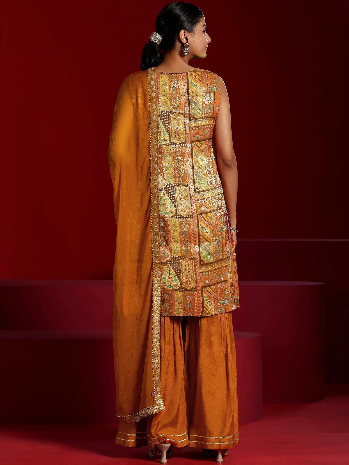 Libas Orange Woven Design Silk Blend Straight Suit With Dupatta