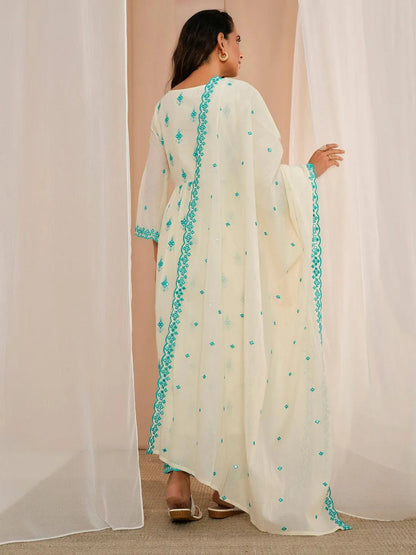 Libas Off White Embroidered Cotton Anarkali Suit With Dupatta