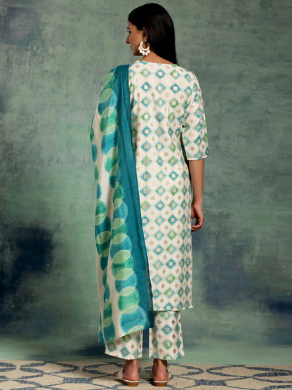 Libas Off White Printed Silk Blend Straight Suit With Dupatta