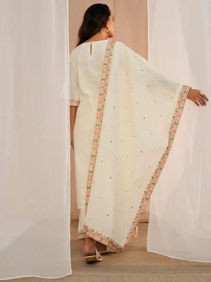 Libas Off White Embroidered Cotton Straight Suit With Dupatta