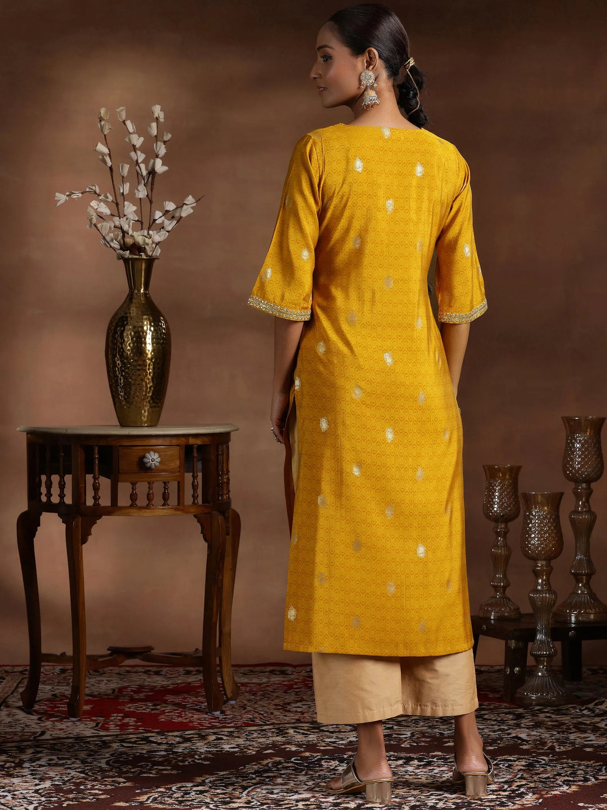 Libas Mustard Printed Silk Straight Kurta