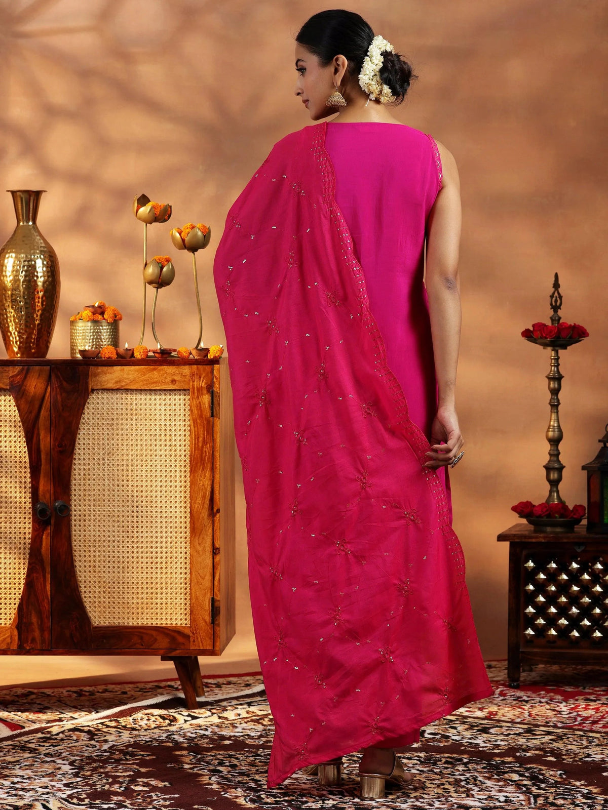 Gerua Pink Solid Silk Blend Straight Suit With Dupatta
