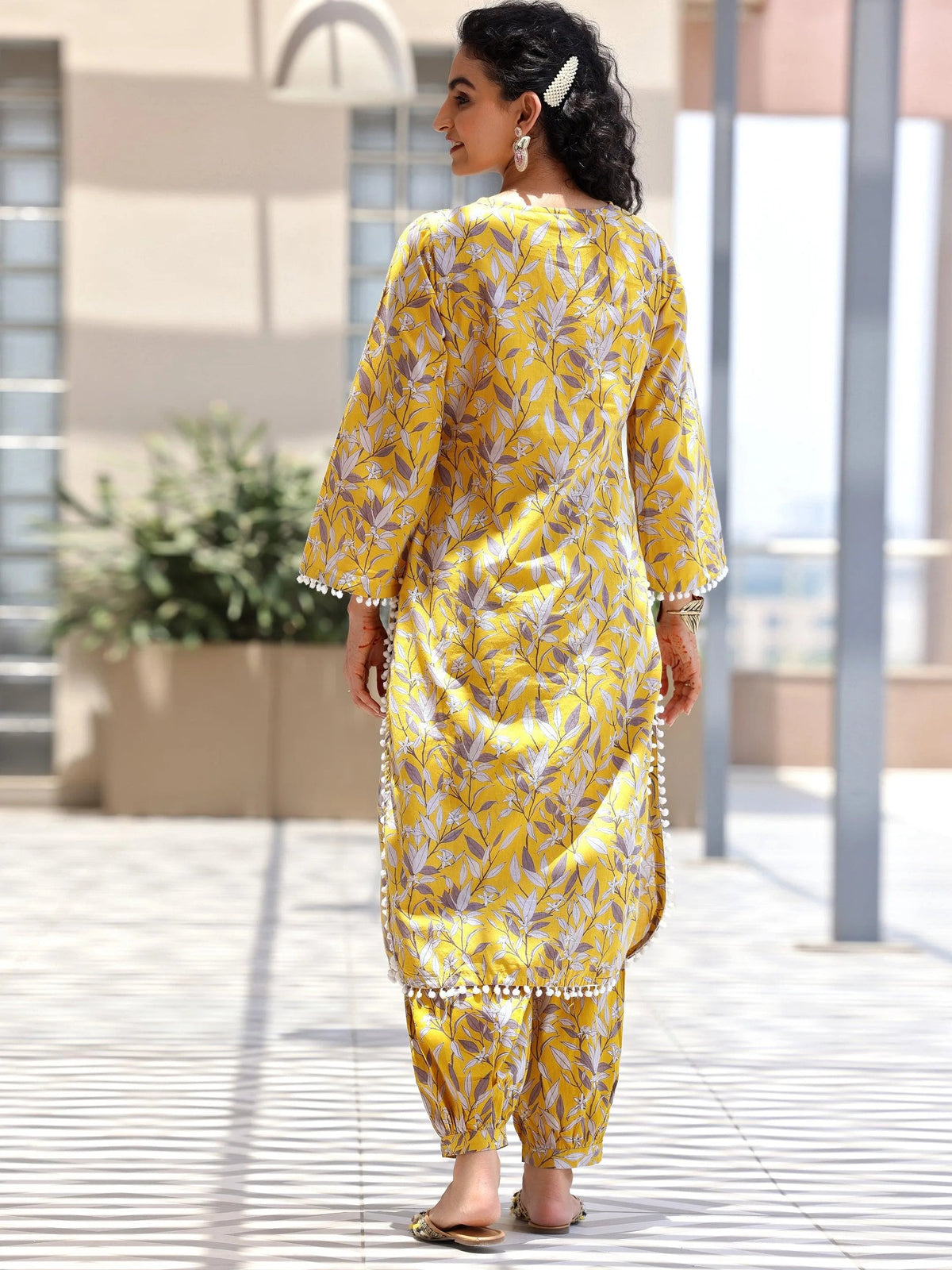 Libas Mustard Printed Cotton Pathani Kurta Set