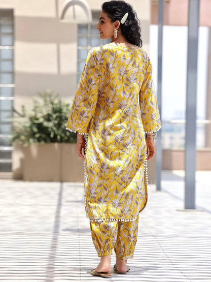 Libas Mustard Printed Cotton Pathani Kurta Set