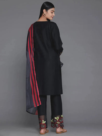 Libas Black Solid Silk Blend Straight Suit With Dupatta