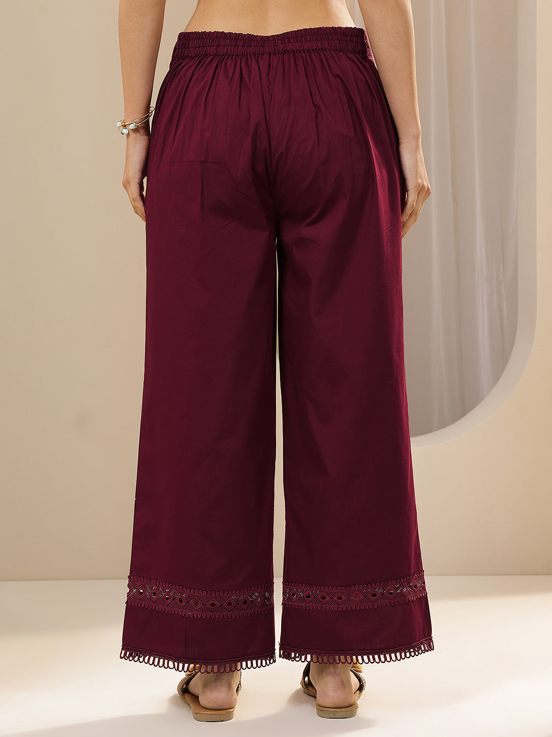 Libas Maroon Solid Cotton Palazzos