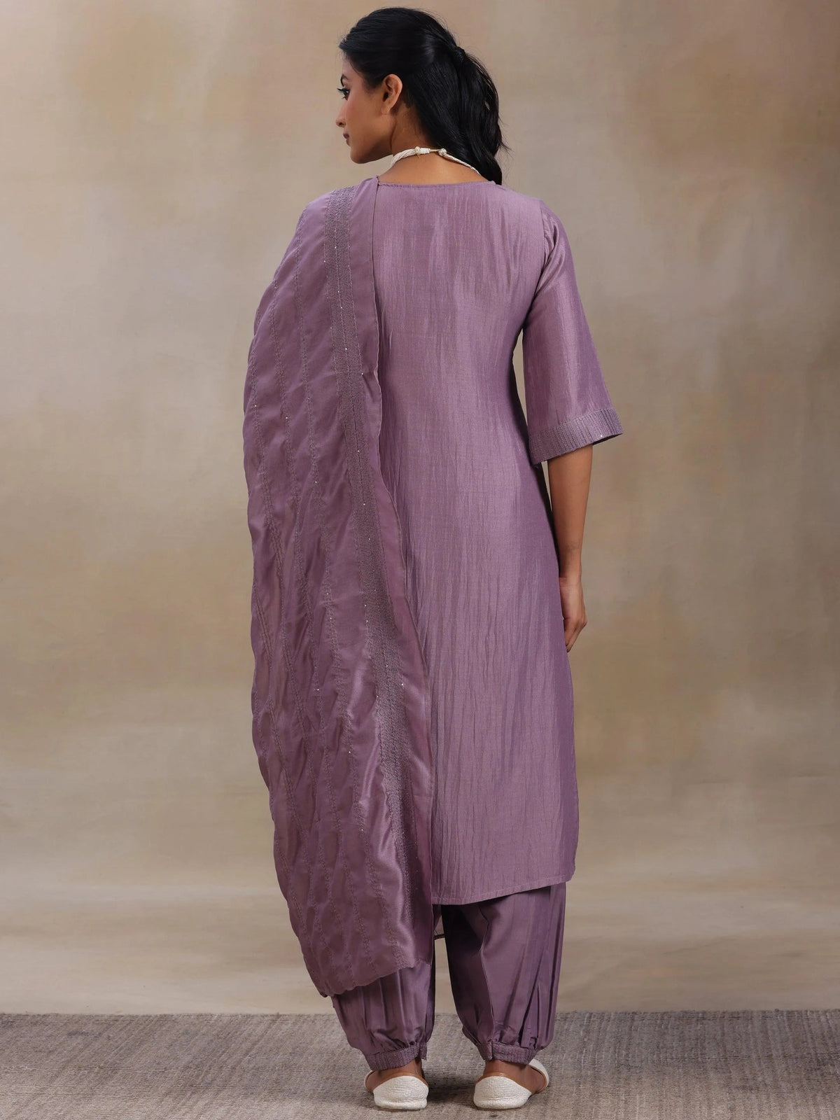 Libas Mauve Self Design Silk Blend Straight Suit With Dupatta