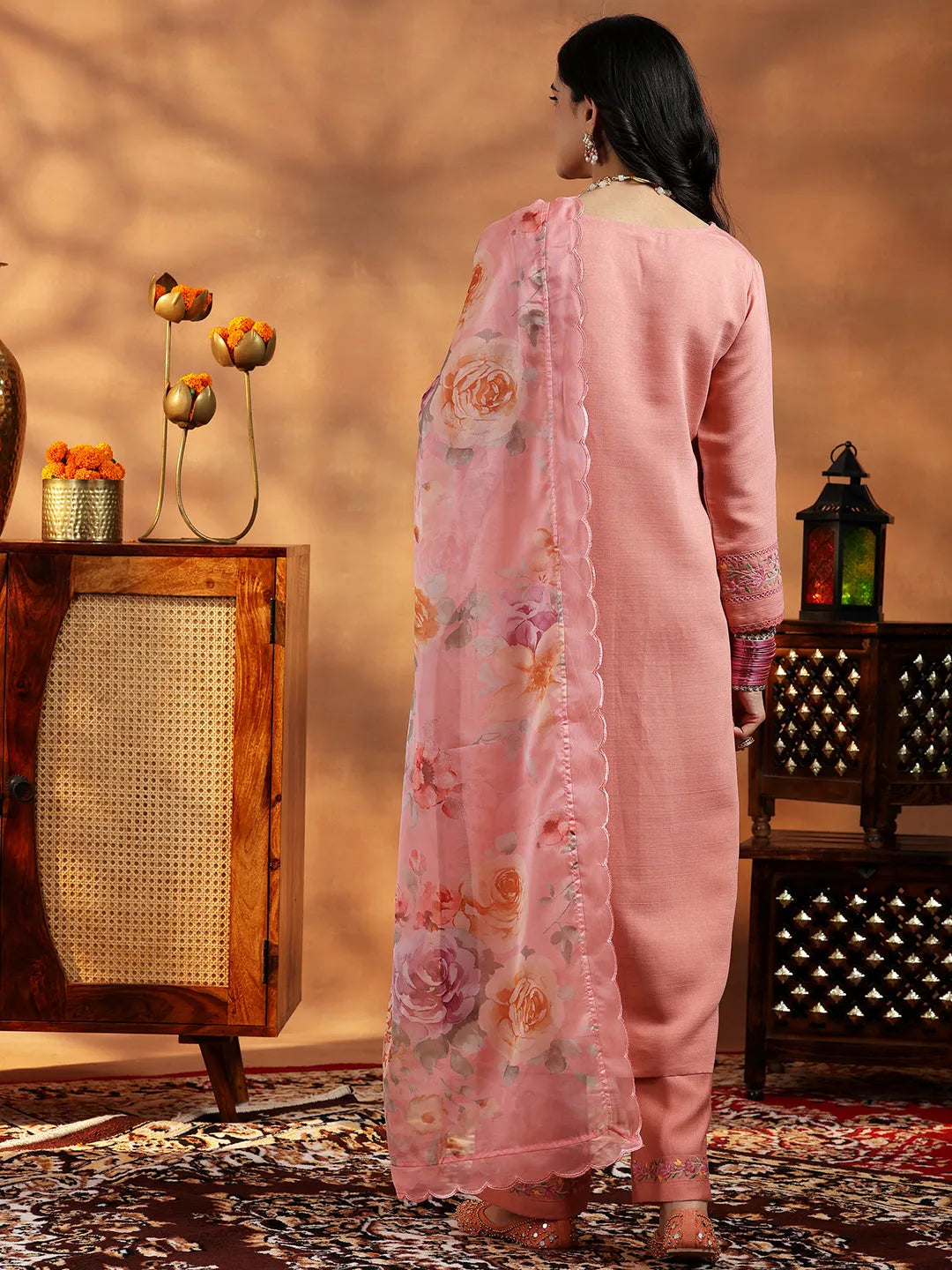 Libas Peach Yoke Design Silk Blend Straight Suit With Dupatta