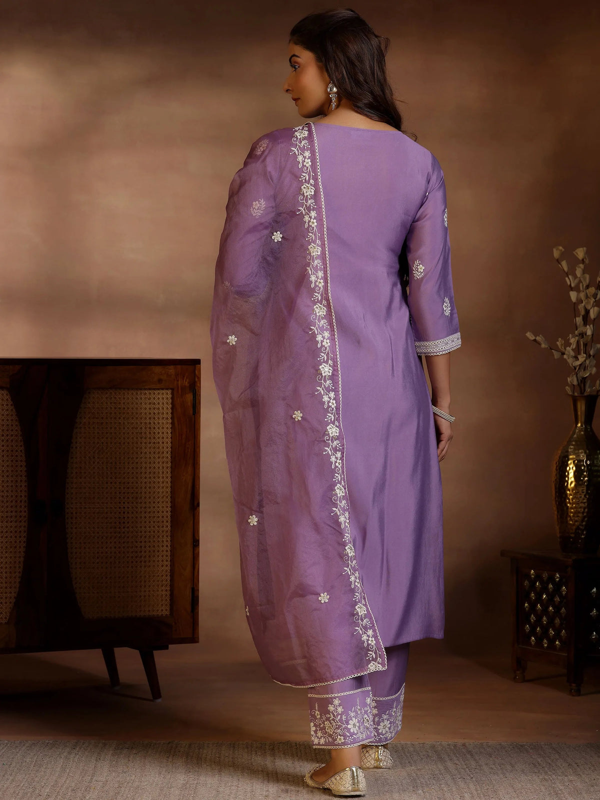 Libas Mauve Embroidered Silk Blend Straight Suit With Dupatta