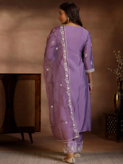 Libas Mauve Embroidered Silk Blend Straight Suit With Dupatta
