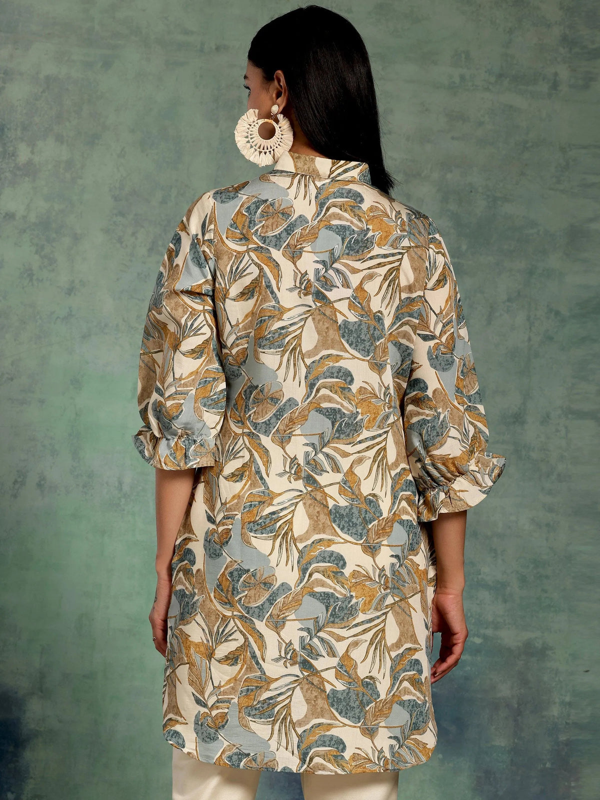 Libas Beige Printed Silk Blend A-Line Kurti