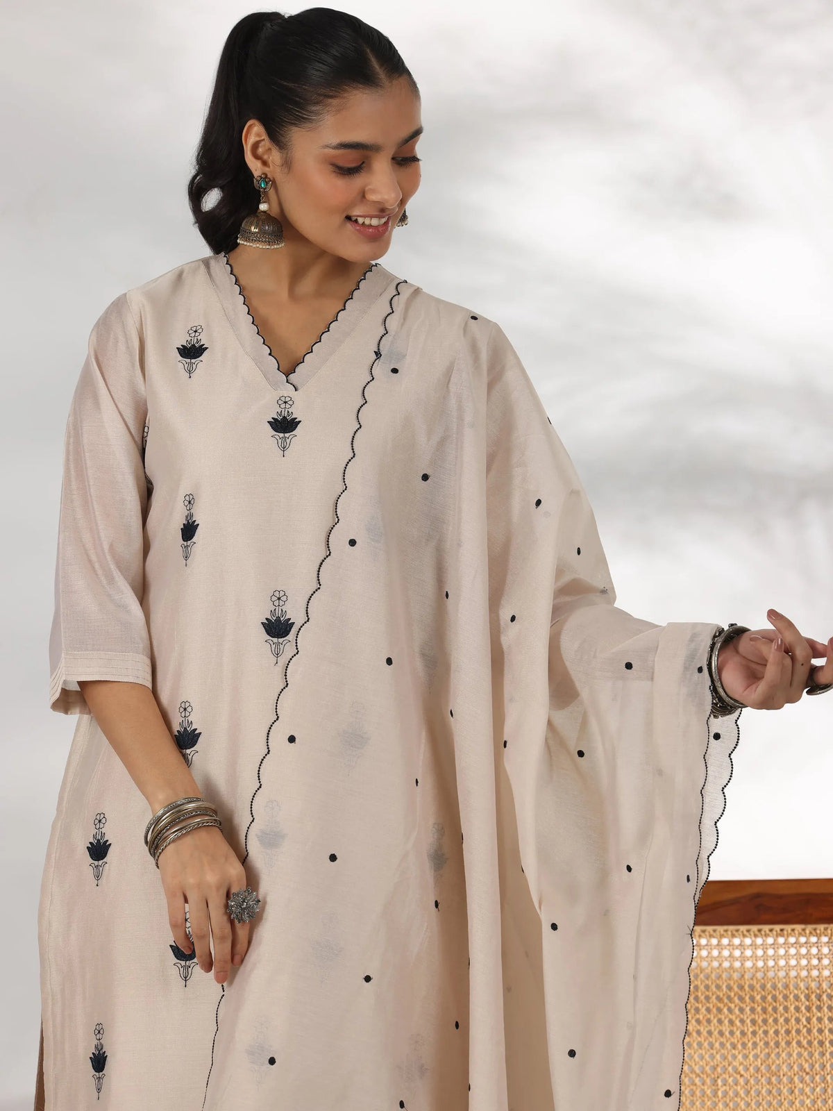 Libas Beige Embroidered Chanderi Silk Straight Suit With Dupatta