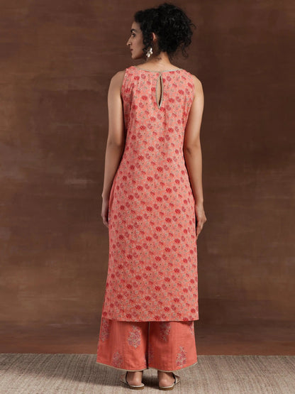 Libas Peach Printed Cotton Straight Kurta Set