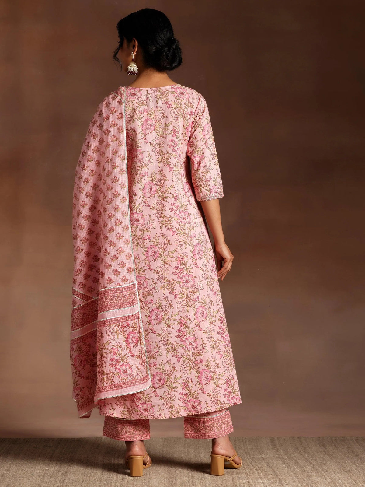 Libas Mariyam Pink Printed Cotton A-Line Kurta With Palazzos & Dupatta