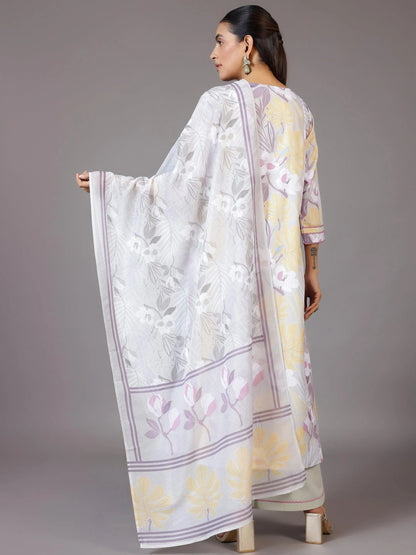 Libas Grey Printed Cotton Blend A-Line Kurta With Palazzos & Dupatta