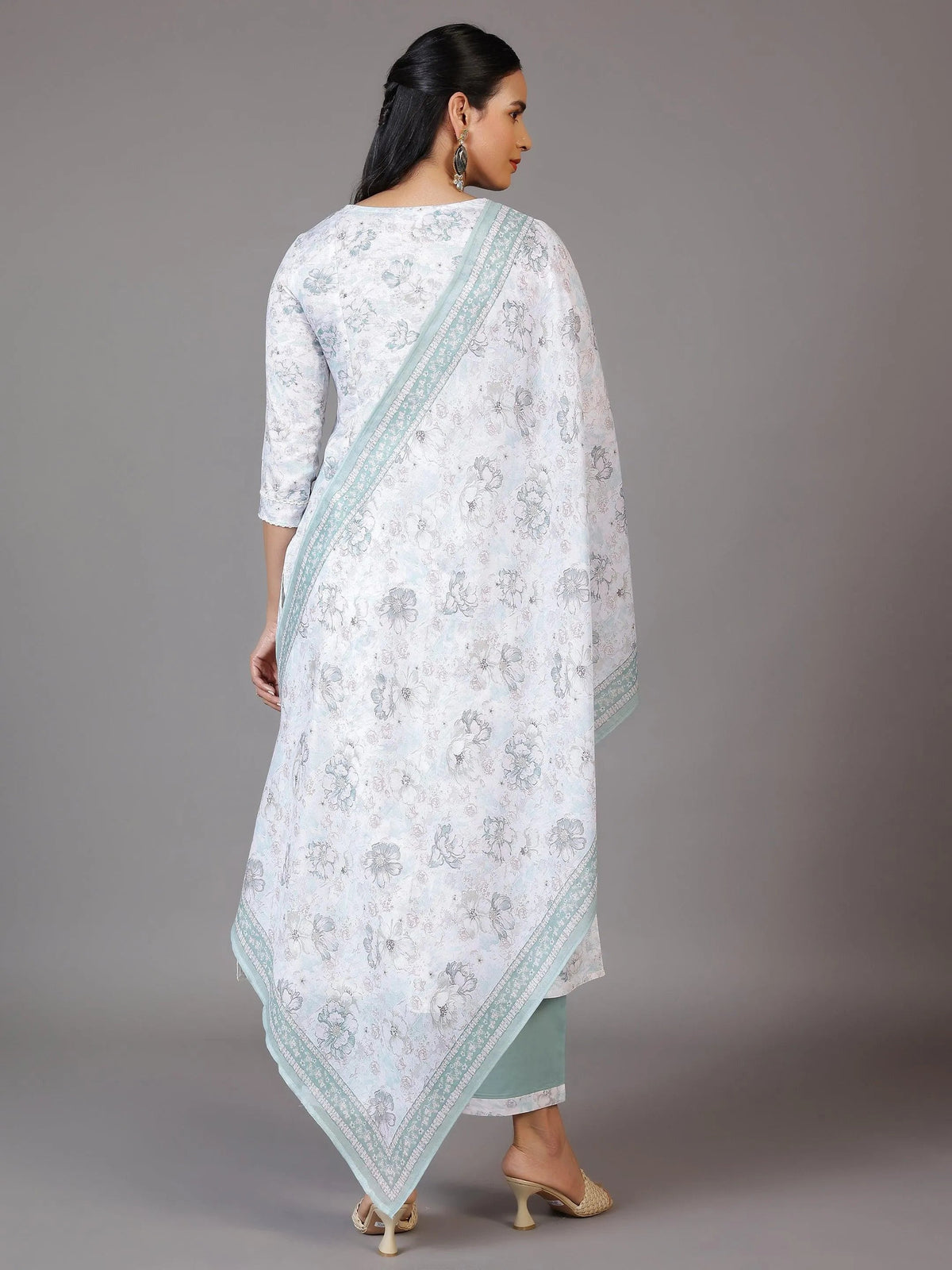Libas Off White Printed Cotton Blend A-Line Kurta With Palazzos & Dupatta