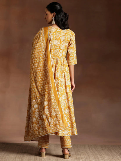 Libas Mustard Printed Cotton Anarkali Suit With Dupatta
