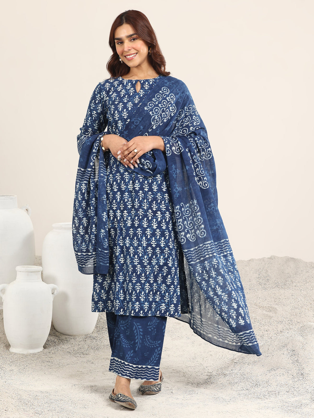 Libas Indigo Printed Cotton Straight Suit With Dupatta