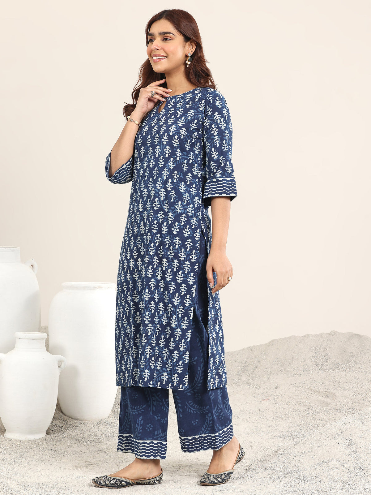 Libas Indigo Printed Cotton Straight Suit With Dupatta