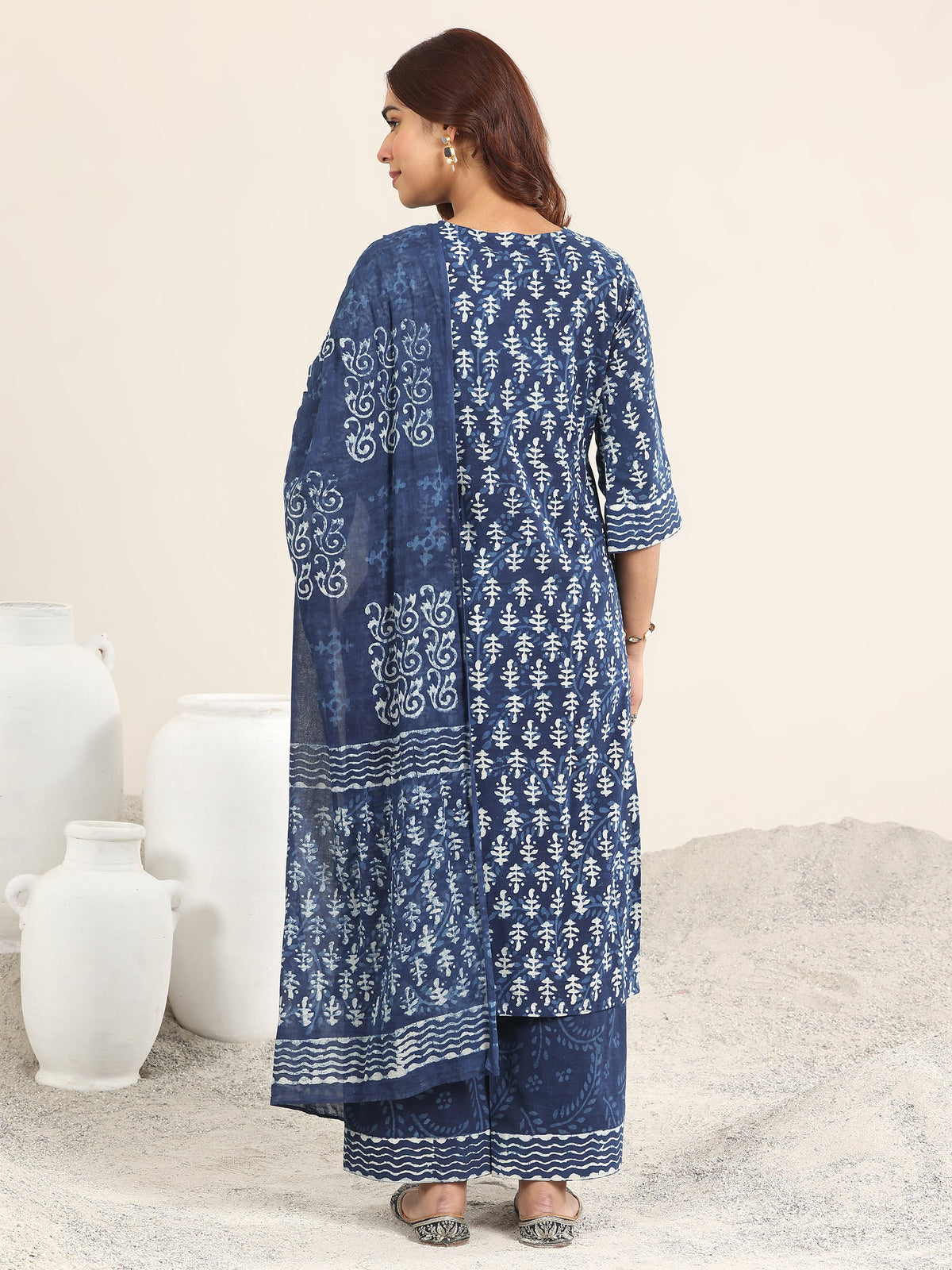 Libas Indigo Printed Cotton Straight Suit With Dupatta