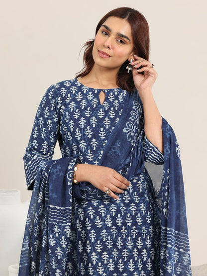 Libas Indigo Printed Cotton Straight Suit With Dupatta