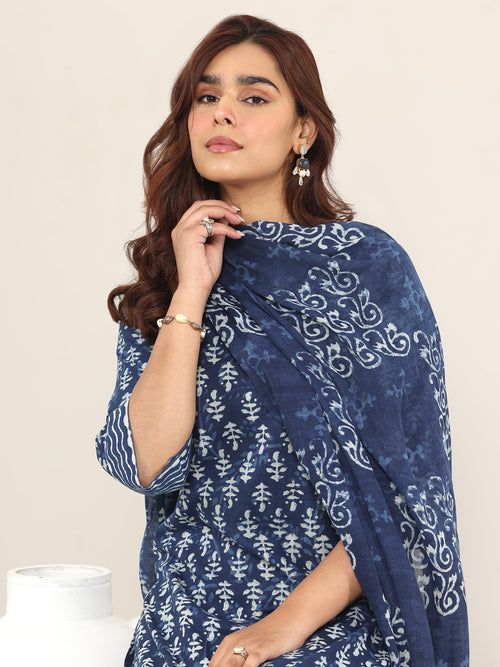 Libas Indigo Printed Cotton Straight Suit With Dupatta