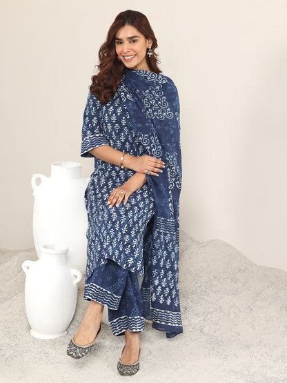 Libas Indigo Printed Cotton Straight Suit With Dupatta