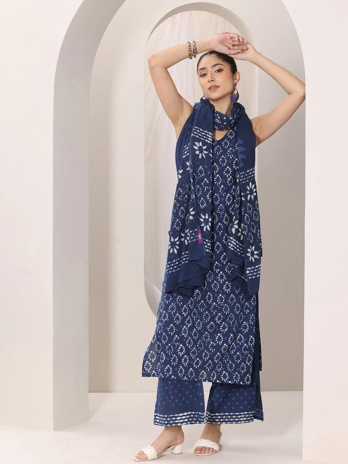 Libas Indigo Printed Cotton Straight Suit Set With Dupatta