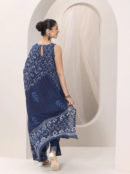 Libas Indigo Printed Cotton Straight Suit Set With Dupatta