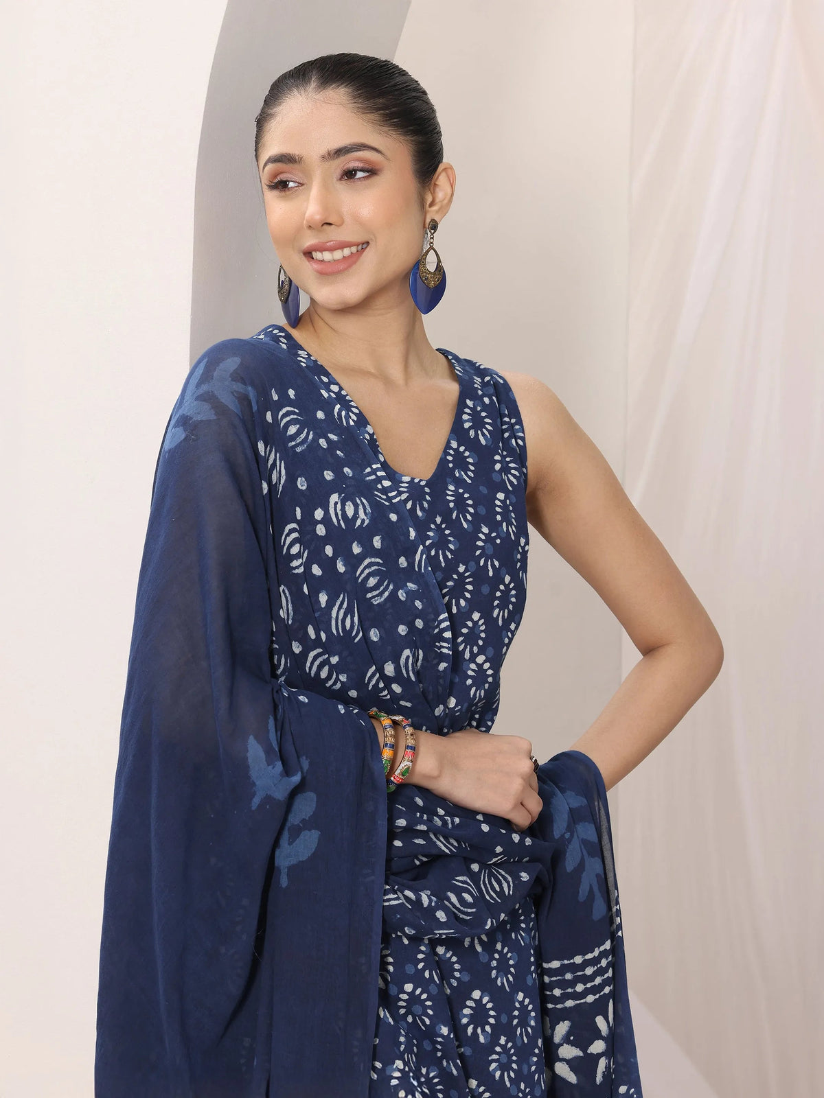 Libas Indigo Printed Cotton Straight Suit Set With Dupatta